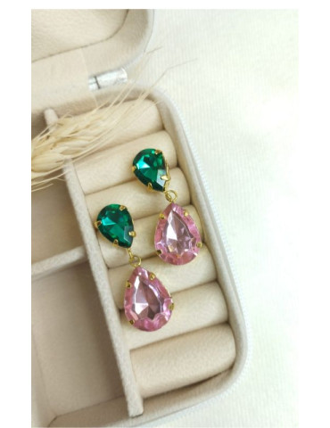 Brinco Chaton Duo Gota Verde/Rosa Dourado